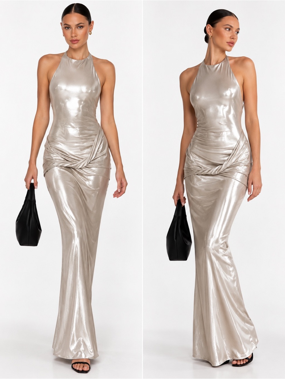 Zara Metallic Silver Foil Halter Maxi Dress Draped Open Back XS gown